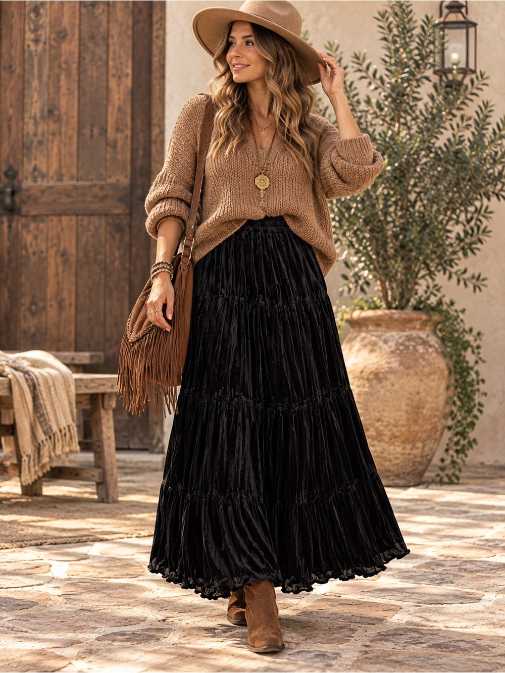 Vintage Cactus Flower Black Crushed Velvet Tiered Maxi Pull On Skirt One Size